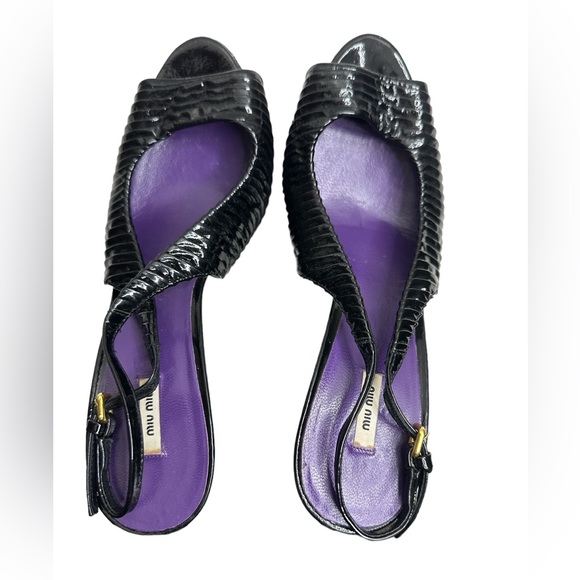 Miu Miu Prada Black Pleated Leather Peep Toe Platform Slingback Heels size37 - Picture 4 of 16